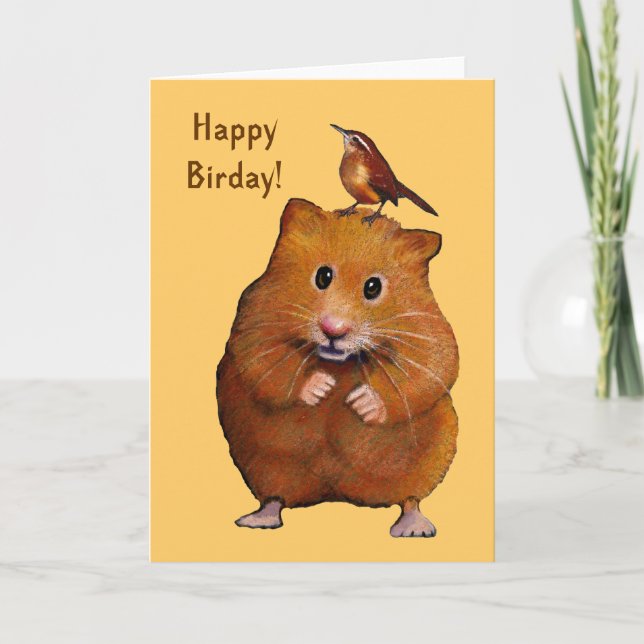 Tarjeta Hámster y pájaro: Día feliz del pájaro, cumpleaños (Anverso)
