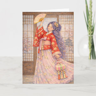 Tarjeta Hanbok Elegante con Abanico