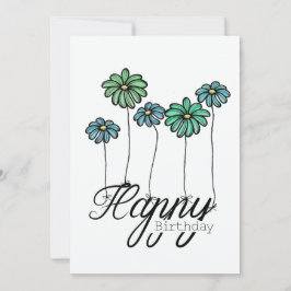 Tarjeta Hand-Drawn Birthday Card w Green Flower Balloons