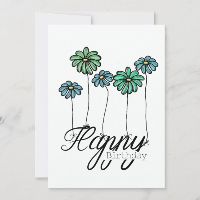 Tarjeta Hand-Drawn Birthday Card w Green Flower Balloons (Anverso)