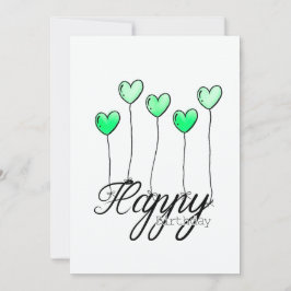 Tarjeta Hand-Drawn Birthday Card w Green Heart Balloons
