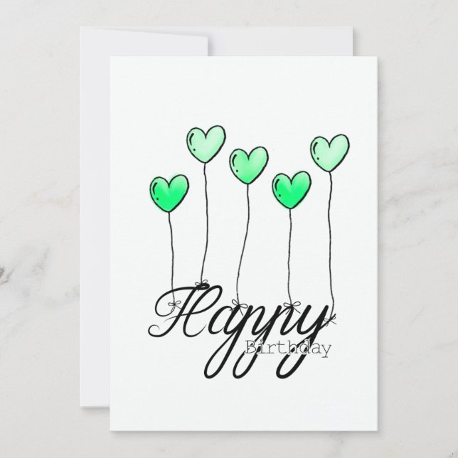 Tarjeta Hand-Drawn Birthday Card w Green Heart Balloons (Anverso)