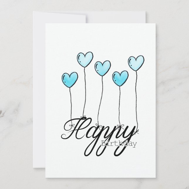 Tarjeta Hand-Drawn Birthday Card w L. Blue Heart Balloons (Anverso)