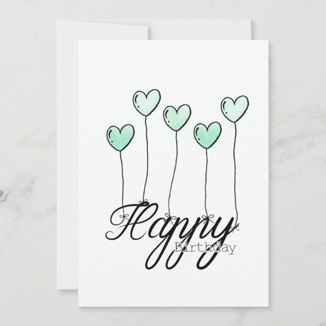 Tarjeta Hand-Drawn Birthday Card w Mint Heart Balloons (Anverso)