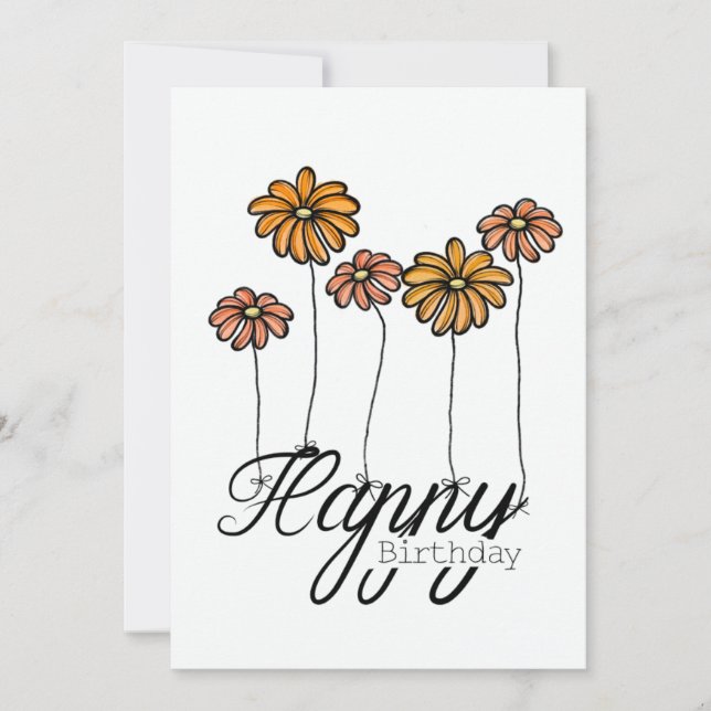 Tarjeta Hand-Drawn Birthday Card w Orange Flower Balloons (Anverso)