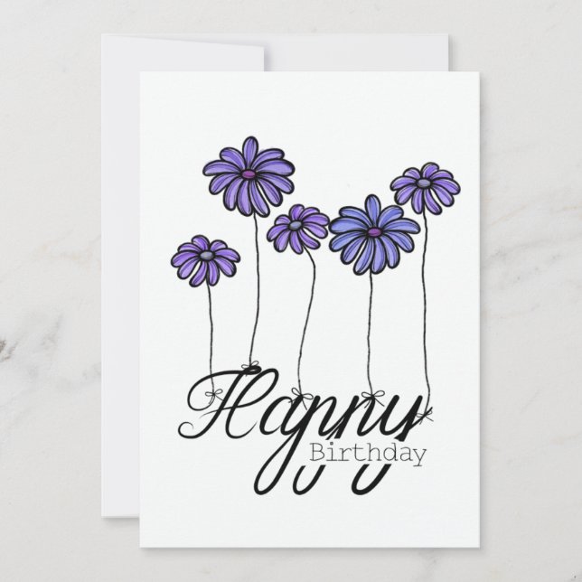 Tarjeta Hand-Drawn Birthday Card w Purple Flower Balloons (Anverso)