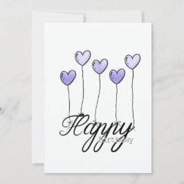 Tarjeta Hand-Drawn Birthday Card w Purple Heart Balloons