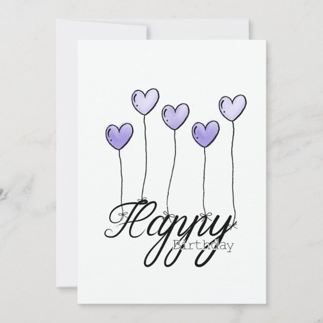 Tarjeta Hand-Drawn Birthday Card w Purple Heart Balloons (Anverso)
