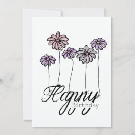 Tarjeta Hand-Drawn Birthday Card w Rosé Flower Balloons