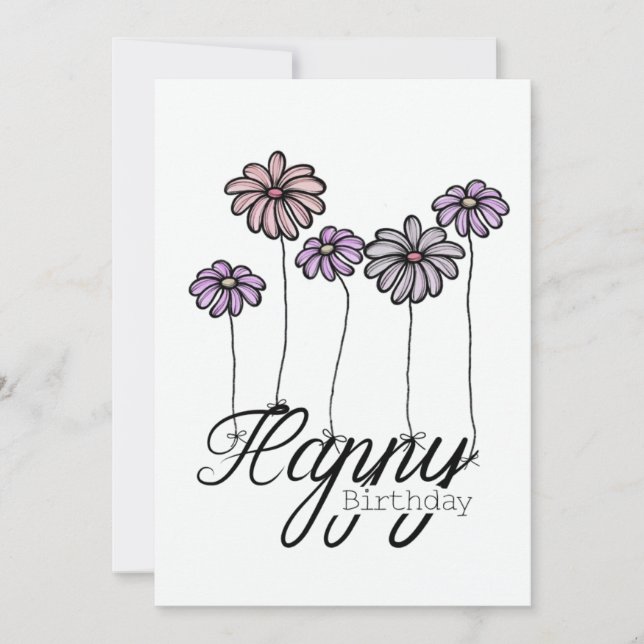 Tarjeta Hand-Drawn Birthday Card w Rosé Flower Balloons (Anverso)