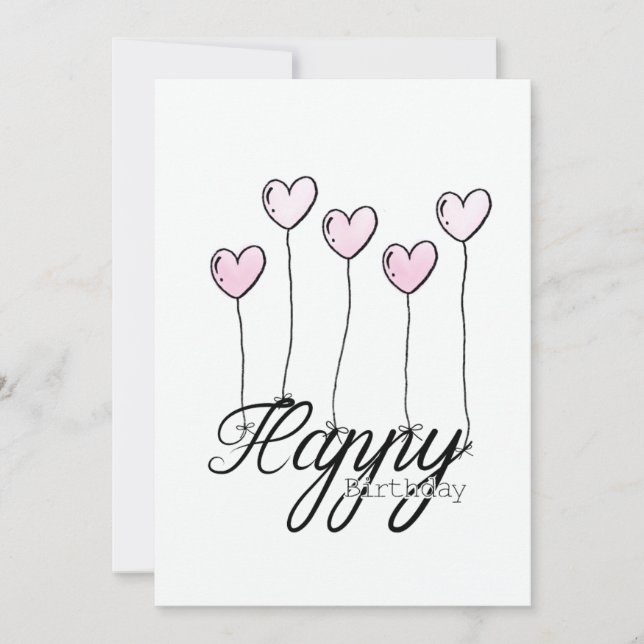 Tarjeta Hand-Drawn Birthday Card w Rosé Heart Balloons (Anverso)