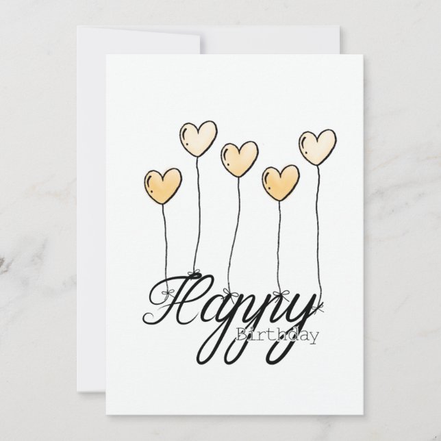 Tarjeta Hand-Drawn Birthday Card w Yellow Heart Balloons (Anverso)