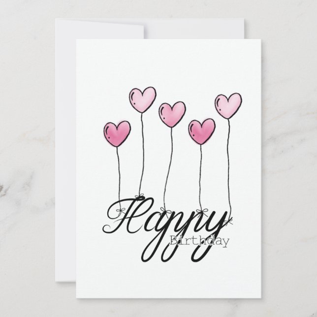 Tarjeta Hand-Drawn Birthday Card With Pink Heart Balloons (Anverso)