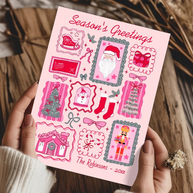 Tarjeta Hand Drawn coquette doodle pink christmas greeting (Subido por el creador)