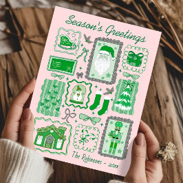 Tarjeta Hand Drawn doodle green pink christmas greeting