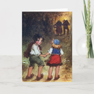 Tarjeta Hansel y Gretel entran en los bosques