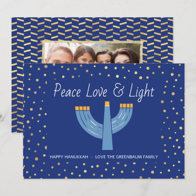 Tarjeta Hanukkah azul y oro moderna (Anverso / Reverso)