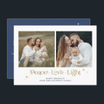 Tarjeta Hanukkah de amor Menorah Peace Naval Gold<br><div class="desc">Esta tarjeta de Hanukkah presenta una frase única en la fuente "peace love light" con colores editables,  dos fotos cuadradas y elegantes estrellas doradas. Edite fácilmente *la mayoría* de texto y cambie los colores para que se ajusten mejor a sus necesidades.</div>