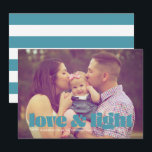 Tarjeta Hanukkah de amor verde azulado y foto únic<br><div class="desc">Esta moderna tarjeta de Hanukkah muestra las palabras amor y luz en verde azulado sobre una foto completa. La espalda tiene un patrón rayado.</div>