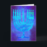 Tarjeta Hanukkah Menorah Blue Smoke Watercolor Holiday<br><div class="desc">Tarjeta de vacaciones Hanukkah Menorah en hermosos tonos de azul oscuro y claro. El saludo interno dice: Con los deseos más cálidos en Hanukkah,  por la paz en tu casa...  en tu corazón...  y en todo el mundo. ¡Feliz Hanukkah! ... </div>