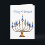 Tarjeta Hanukkah Menorah con velas azules y blancas ardien<br><div class="desc">Menorá acuarela con velas ardientes azules y blancas. Feliz saludo y sentimiento dentro de Hanukkah puede ser cambiado. Gráfico asistido por IA adquirido con uso comercial. Material gráfico: CosmicMeta</div>