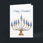 Tarjeta Hanukkah Menorah con velas azules y blancas ardien<br><div class="desc">Menorá acuarela con velas ardientes azules y blancas. Feliz saludo y sentimiento dentro de Hanukkah puede ser cambiado. Gráfico asistido por IA adquirido con uso comercial. Material gráfico: CosmicMeta</div>