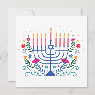 Tarjeta Hanukkah Menorah with Candles and Traditional Item