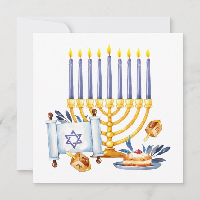 Tarjeta Hanukkah Menorah with Candles and Traditional Item (Anverso)