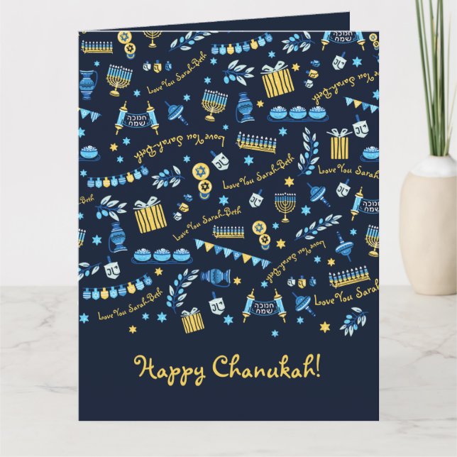 Tarjeta Hanukkah Personalizada Menorah Dreidel (Anverso)