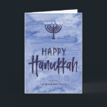 Tarjeta Hanukkah plegada Menorah<br><div class="desc">Un lavado de azul acuoso sirve como telón de fondo sutil para este ilustracion de menorah textualizado y mordaz texto Happy Hanukkah con letras a mano. No olvides personalizar el frente con tu nombre de texto. Añade un toque personal al interior de esta tarjeta plegada con las opciones "personalizar it"...</div>