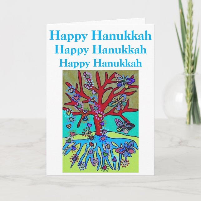 Tarjeta Hanukkah Red Tree of Life Hearts & Butterflies (Anverso)