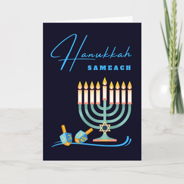 Tarjeta Hanukkah Sameach Menorah y Dreidels (Anverso)