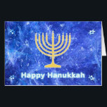 Tarjeta Hanukkah Snowstorm Menorah<br><div class="desc">Un brillante oro Hanukkah menorah y "Happy Hanukkah" en un brillante texto azul y blanco superpuesto en una imagen fractal azul y blanco que recuerda a copos de nieve en una tormenta. ¡Chag Sameach!</div>