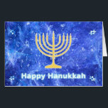 Tarjeta Hanukkah Snowstorm Menorah<br><div class="desc">Un brillante oro Hanukkah menorah y "Happy Hanukkah" en un brillante texto azul y blanco superpuesto en una imagen fractal azul y blanco que recuerda a copos de nieve en una tormenta. ¡Chag Sameach!</div>