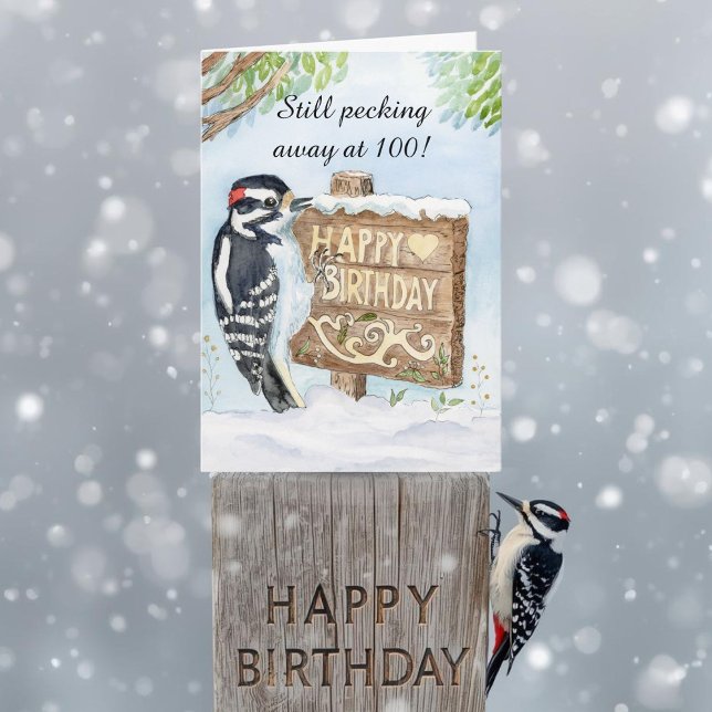 Tarjeta Happy 100th Birthday Downy Woodpecker (Subido por el creador)