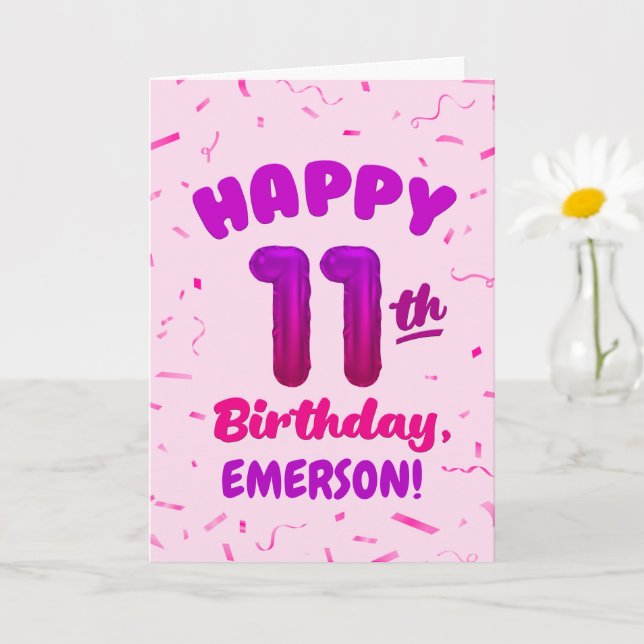 Tarjeta Happy 11th Birthday Card with Custom Name (Planta pequeña)