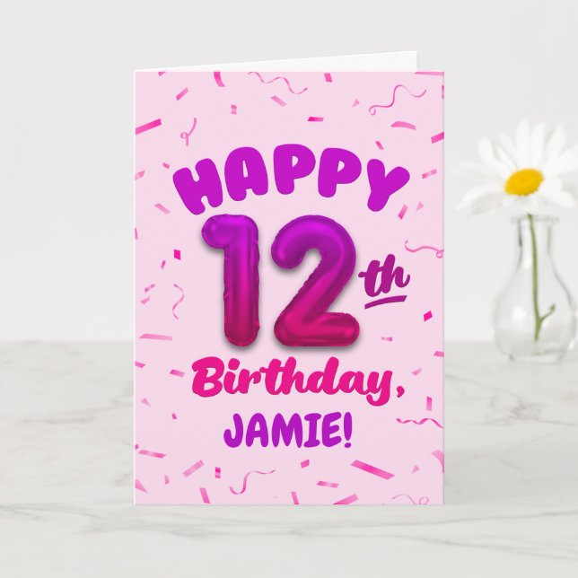Tarjeta Happy 12th Birthday Card with Custom Name (Planta pequeña)