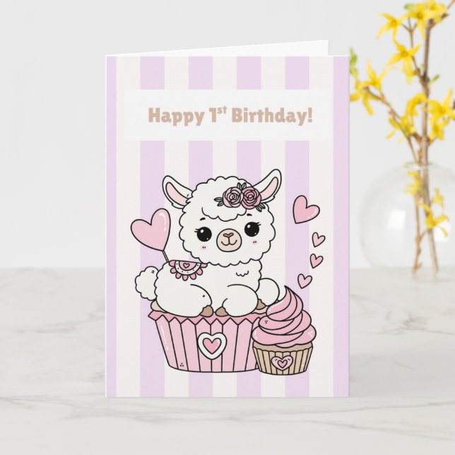 Tarjeta Happy 1st Birthday Cute Llama Girl Card | Adorable (flor amarilla)