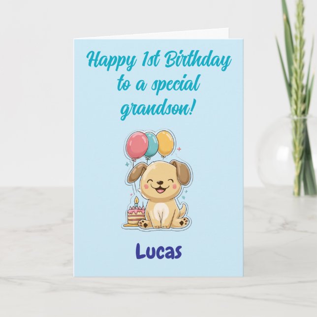 Tarjeta Happy 1st Birthday Grandson, Happy Puppy,  Card (Anverso)