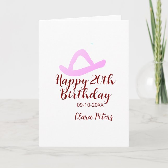 Tarjeta Happy 20th birthday pink cowboy girl name date sim (Anverso)