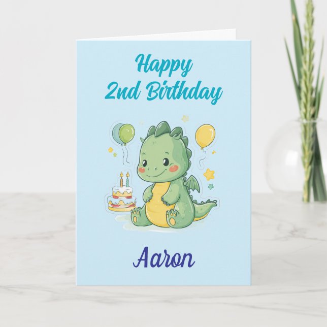 Tarjeta Happy 2nd Birthday, Cute Dragon, Personalized  (Anverso)
