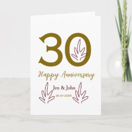 Tarjeta Happy 30th anniversary name date golden red leaf