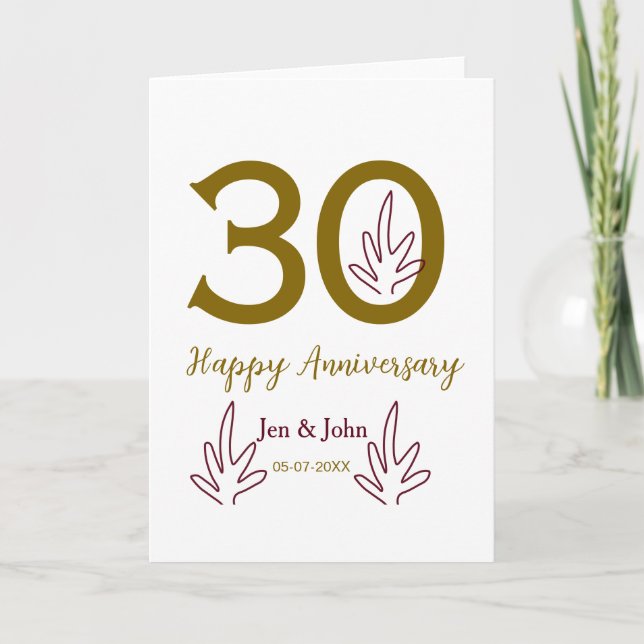 Tarjeta Happy 30th anniversary name date golden red leaf (Anverso)