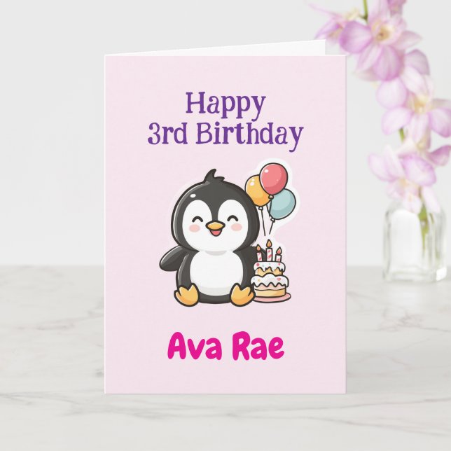 Tarjeta Happy 3rd Birthday, Cute Penguin, Personalized  (Orquídea)