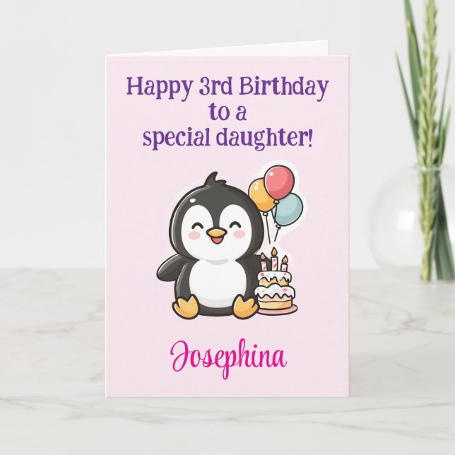 Tarjeta Happy 3rd Birthday Daughter, Penguin Personalized  (Anverso)