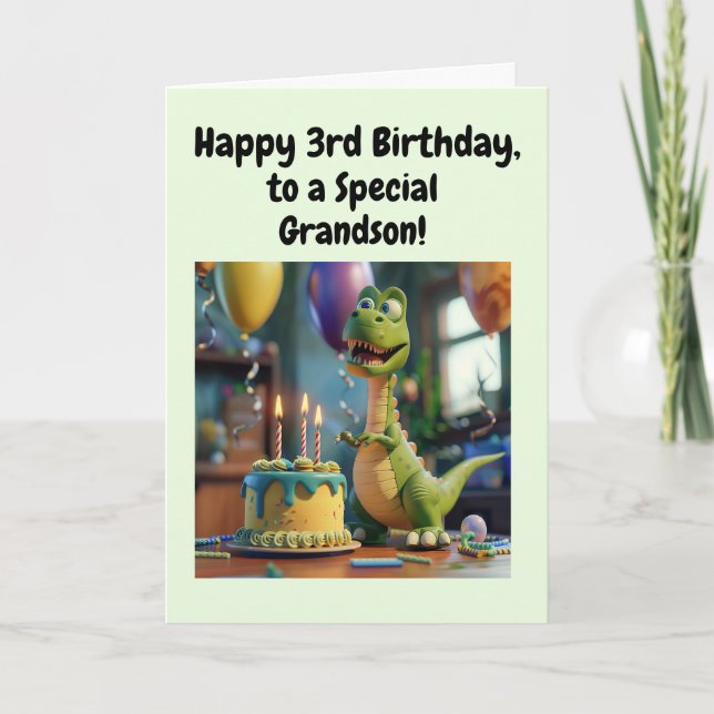 Tarjeta Happy 3rd Birthday Grandson, Dino, Personalized  (Anverso)
