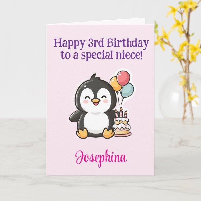 Tarjeta Happy 3rd Birthday Niece, Penguin, Personalized (flor amarilla)
