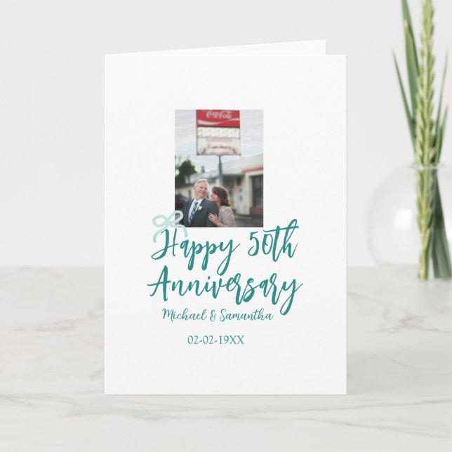 Tarjeta Happy 50th anniversary photo turquoise bow name da (Anverso)