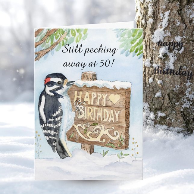 Tarjeta Happy 50th Birthday Downy Woodpecker (Subido por el creador)