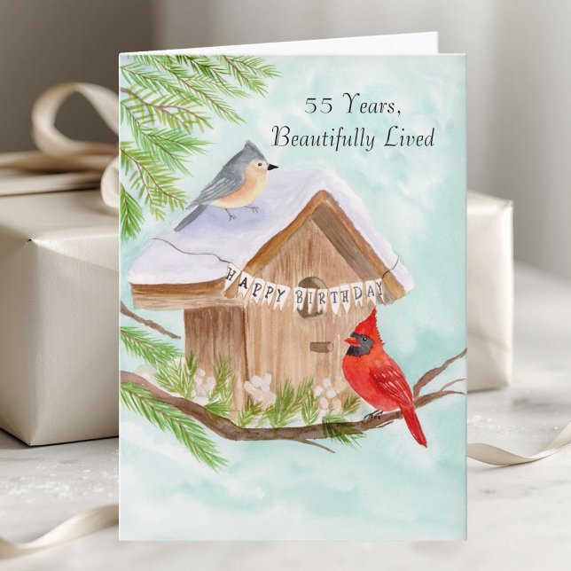 Tarjeta  Happy 55th Birthday Birds at Birdhouse (Subido por el creador)
